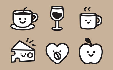 Cute hand drawn food and drink icons with happy faces