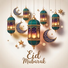 Beautiful eid mubarak greeting with hanging lanterns crescent moons and stars festive islamic celebration background
