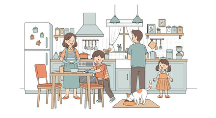 Adobe illustrator artwork vector illustration. A family-parents, children, and a cat-works together in a modern kitchen. A warm scene of shared chores, family bonding, and a happy home