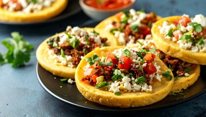 Close-up of delicious corn tortillas, topped with savory filling, fresh toppings, and a vibrant sauce