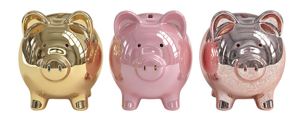 Three Colorful Piggy Banks in Gold, Pink, and Silver Glossy Finish