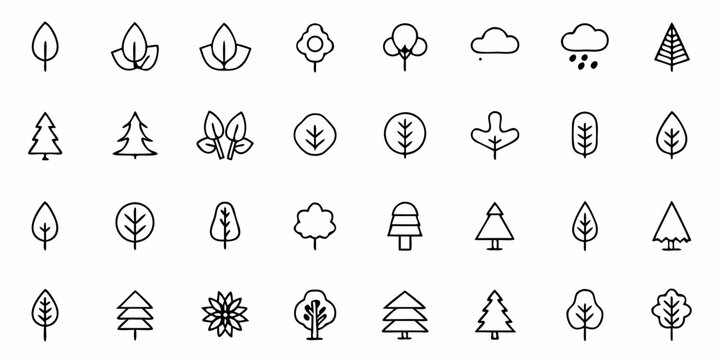Collection of various tree and leaf icons in a minimalist style arranged in a rectangular grid format