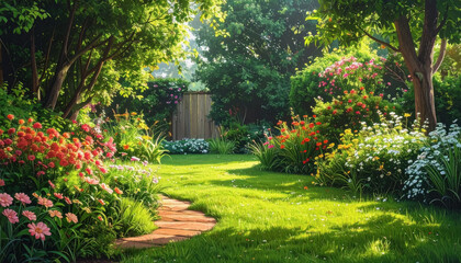 Fototapeta premium Colorful garden filled with flowers and trees surrounded by lush green grass offering a vibrant natural scene