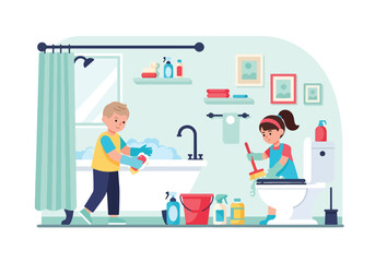 Adobe illustrator artwork vector illustration. A cute boy and girl are diligently cleaning their bathroom, with the boy scrubbing the bathtub and the girl cleaning the toilet, showcasing teamwork