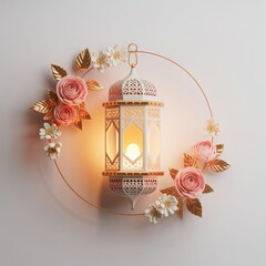 Elegant circular floral lantern decoration featuring soft pink and peach roses and a delicate hanging lamp