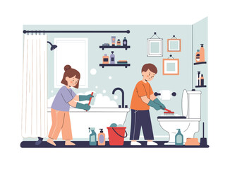 Adobe illustrator artwork vector illustration. A cute boy and girl are diligently cleaning their bathroom, with the boy scrubbing the bathtub and the girl cleaning the toilet, showcasing teamwork
