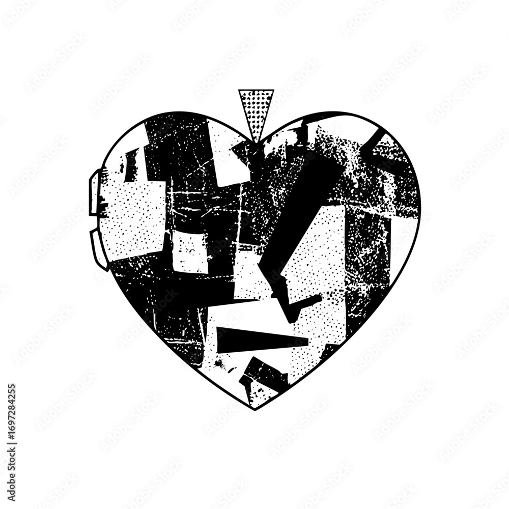 Poster vector abstract heart with fragmented shapes and a dotted triangle.