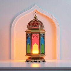 Ornate ramadan lantern illuminated with warm glow inside a decorative archway traditional islamic festival decoration