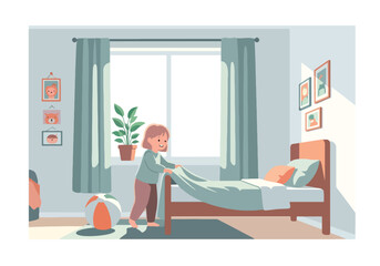 Adobe illustrator artwork vector illustration. A diligent young girl is making her bed in a tidy and cozy bedroom, demonstrating responsibility and neatness in her daily routine