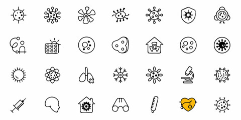 Collection of black and white line art icons representing medical, science, and health related themes