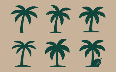 Collection of six stylized dark green palm trees on a textured tan background