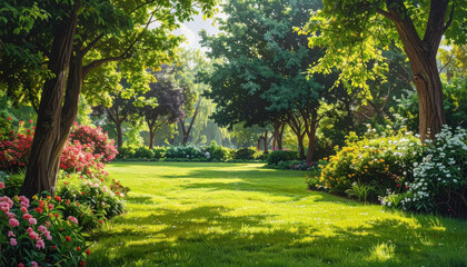 Beautiful garden filled with colorful flowers and trees creating a serene nature scene with ample copy space