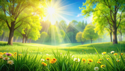 Obraz premium Bright sunny day in a lush park with expansive green grass and clear blue skies inviting outdoor activities