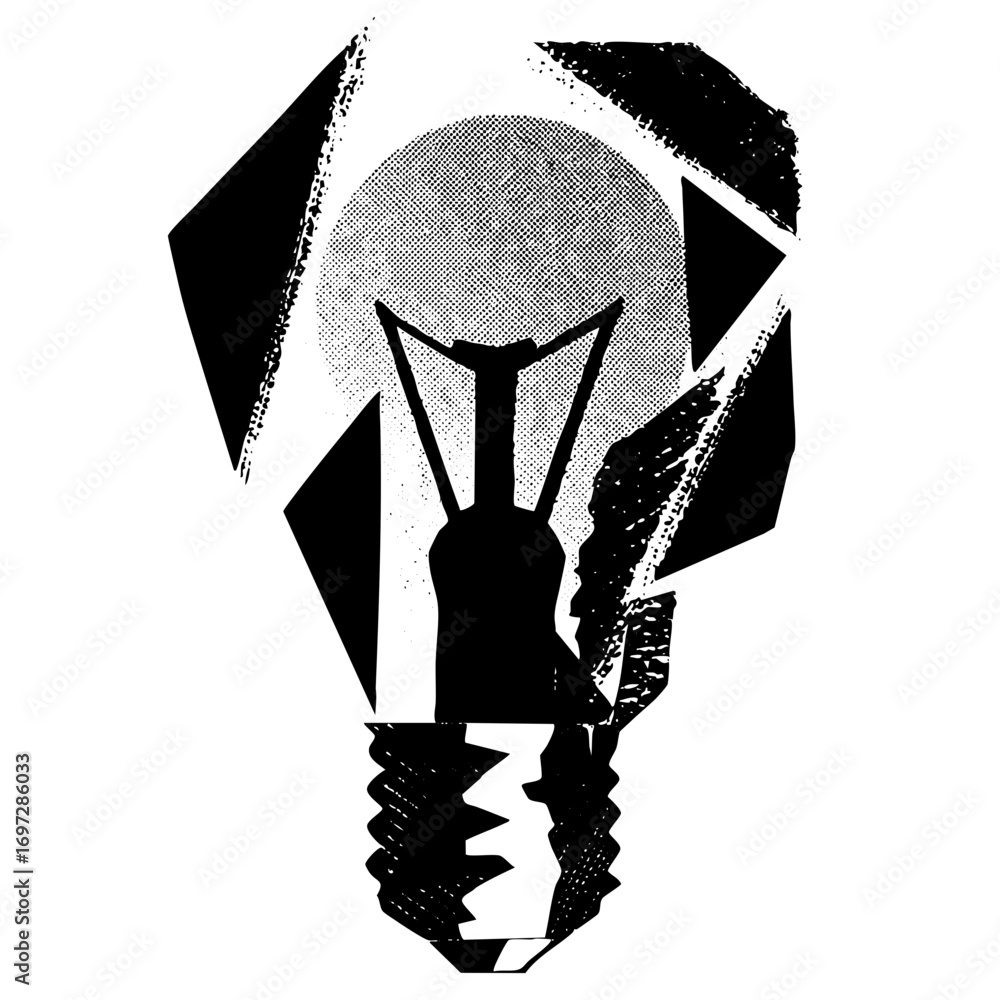 Poster vector abstract shattered lightbulb with halftone fill.