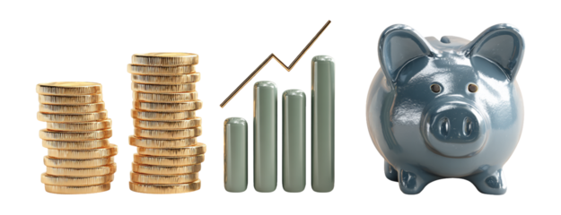 Financial Growth Concepts with Coins, Graph, and Piggy Bank