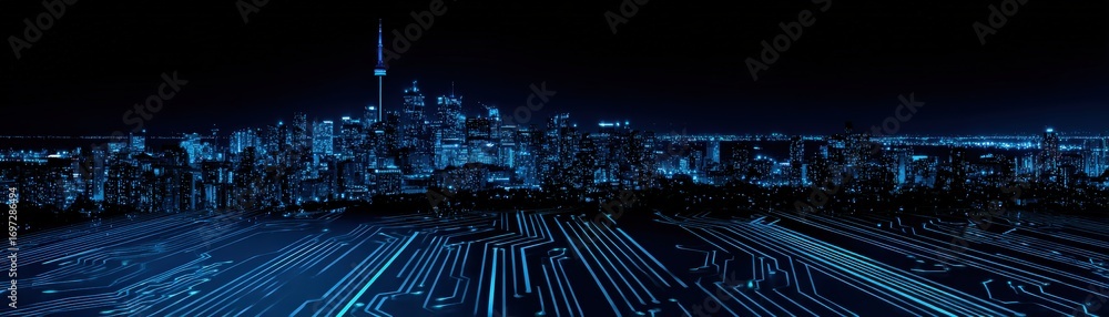Aufkleber a futuristic city skyline illuminated in blue, featuring towering structures and a circuit-like patt