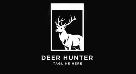 Obraz premium Vector illustration of silhouette logo of a majestic deer with large antlers, framed within a rectangle, with text deer hunter and tagline here below