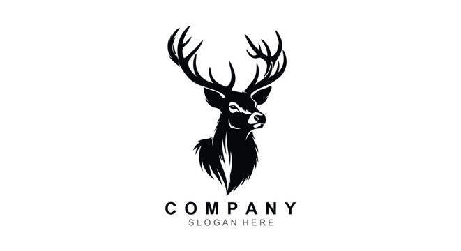 Vector illustration of black silhouette of a majestic deer head with large antlers