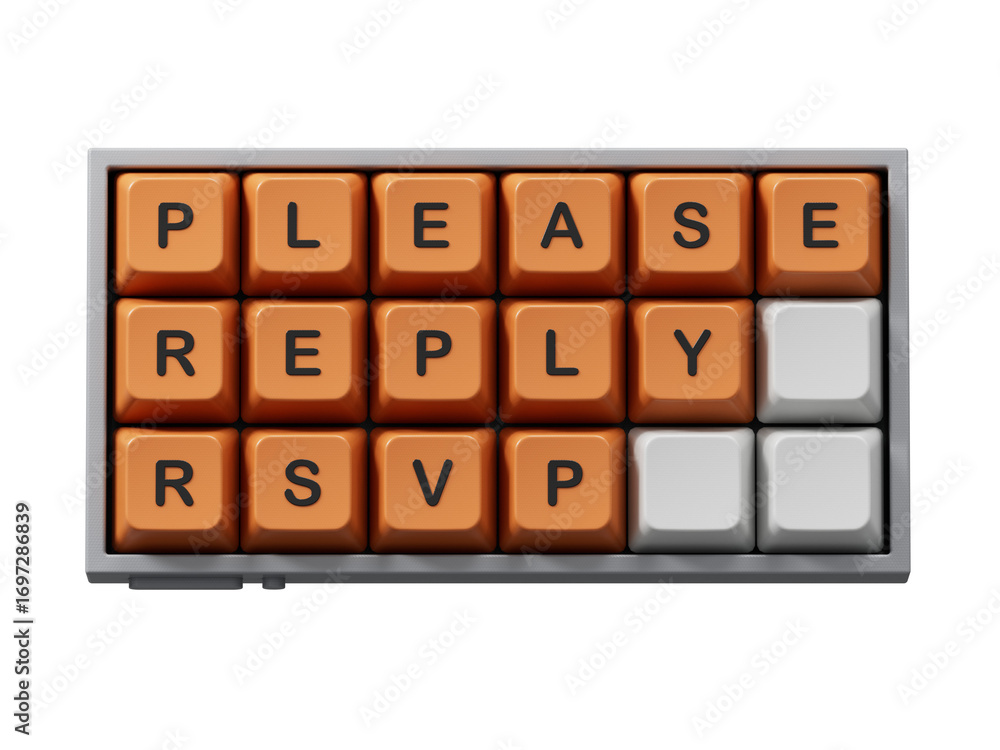 Poster word please reply rsvp. wooden small cubes with letters. computer keyboard keys. copy space.supports