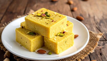 Sweet squares on a plate, on a rustic wooden table