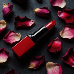Luxurious red lipstick amidst deep red rose petals creating an elegant and romantic beauty composition
