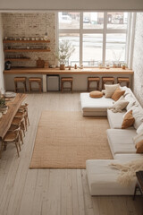 Cozy modern living room with natural light and warm earthy tones in a minimalist home setting