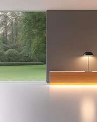 Modern interior design featuring large window overlooking a lush green garden in natural light setting