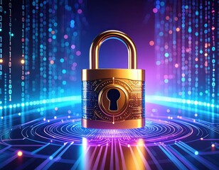 A golden padlock symbolizes data protection, surrounded by digital network streams.