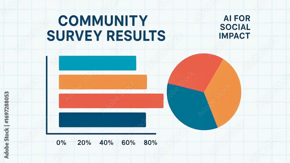 Poster community survey results with bar chart and pie chart illustrating data for social impact using ai f