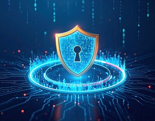 Fototapeta premium Cybersecurity shield with digital keyhole, glowing within a technological circuit board.