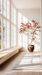 Sunlight illuminates a cozy indoor space featuring a potted tree and large windows, creating a serene atmosphere in a modern home