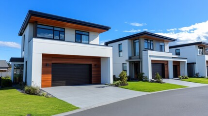Fototapeta premium 29.A contemporary twin house with sharp, clean lines, white facades, and contrasting dark wooden details around the garage doors and windows. The vivid blue sky creates a stunning backdrop, while the