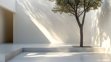 Sunlight filters through a modern courtyard featuring a solitary tree and minimalist architecture for tranquil outdoor relaxation