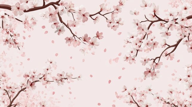 82.A continuous vector pattern featuring cherry blossom branches adorned with clusters of sakura flowers in varying shades of pale pink. The petals appear to gently fall across a light pink