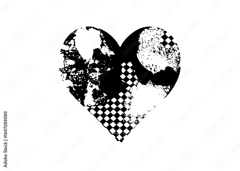 Poster vector abstract heart with checkered and textured elements.