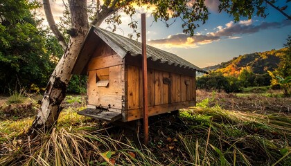 Rustic beehive nestled beneath a tree at sunset