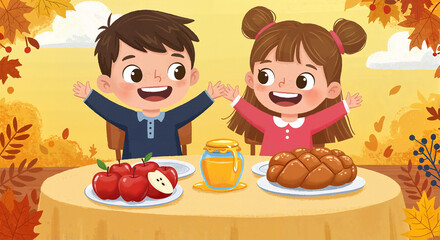 Cartoon children enjoying a meal at a holiday table in an autumn setting.