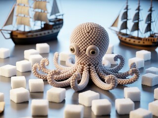 Whimsical 3d rendered octopus surrounded by cubes with vintage sailing ships in background captures imagination