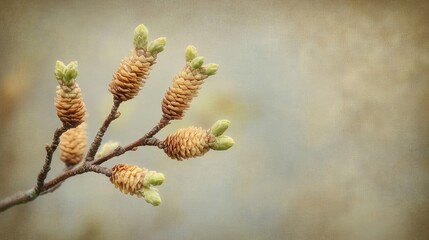 Fototapeta premium 95.A close-up of a European larch branch displaying light brown female cones contrasted against fresh green buds beginning to open. The soft, blurred background enhances the organic textures and