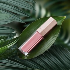 Luxurious rose gold lip gloss tube rests elegantly on a lush green leaf amidst natural foliage for a beauty product shoot