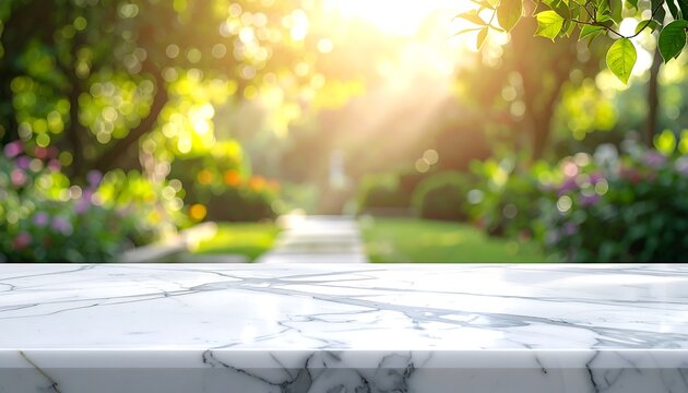 Marble table top, blurred garden