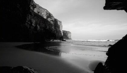 A dramatic black and white view of a secluded beach with towering cliffs reflected in the wet sand.