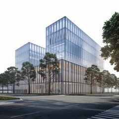 Modern glass office buildings with lush green trees and urban streetscape design architectural rendering architectural exterior view