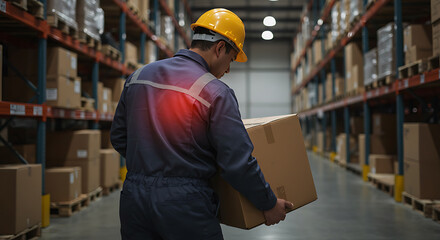Warehouse Worker with Back Pain Lifting Box. Industrial Injury, Manual Labor Strain, Workplace Safety & Ergonomics Concept.