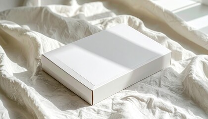 White Rigid Mailer Box on Linen Cloth with Daylight Shadows