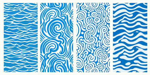 Four abstract blue and white organic swirl and wave pattern designs