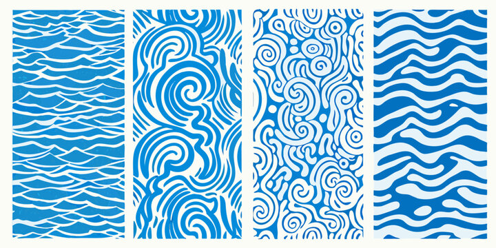 Four abstract blue and white organic swirl and wave pattern designs