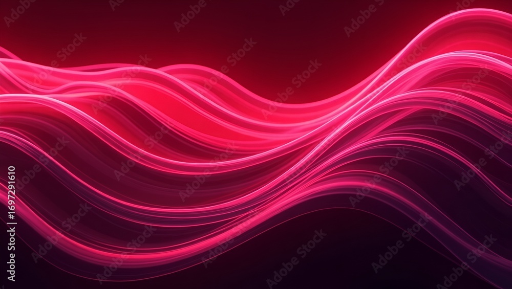 Poster pink-red neon gradient glowing against a black backdrop, enhanced by reflective glassy stripes and u