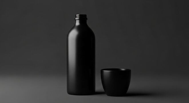 An elegant red wine bottle and glass with a blank label reflect on a dark surface - Powered by Adobe