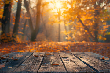 Empty rustic old wooden table blurred autumn woodland background